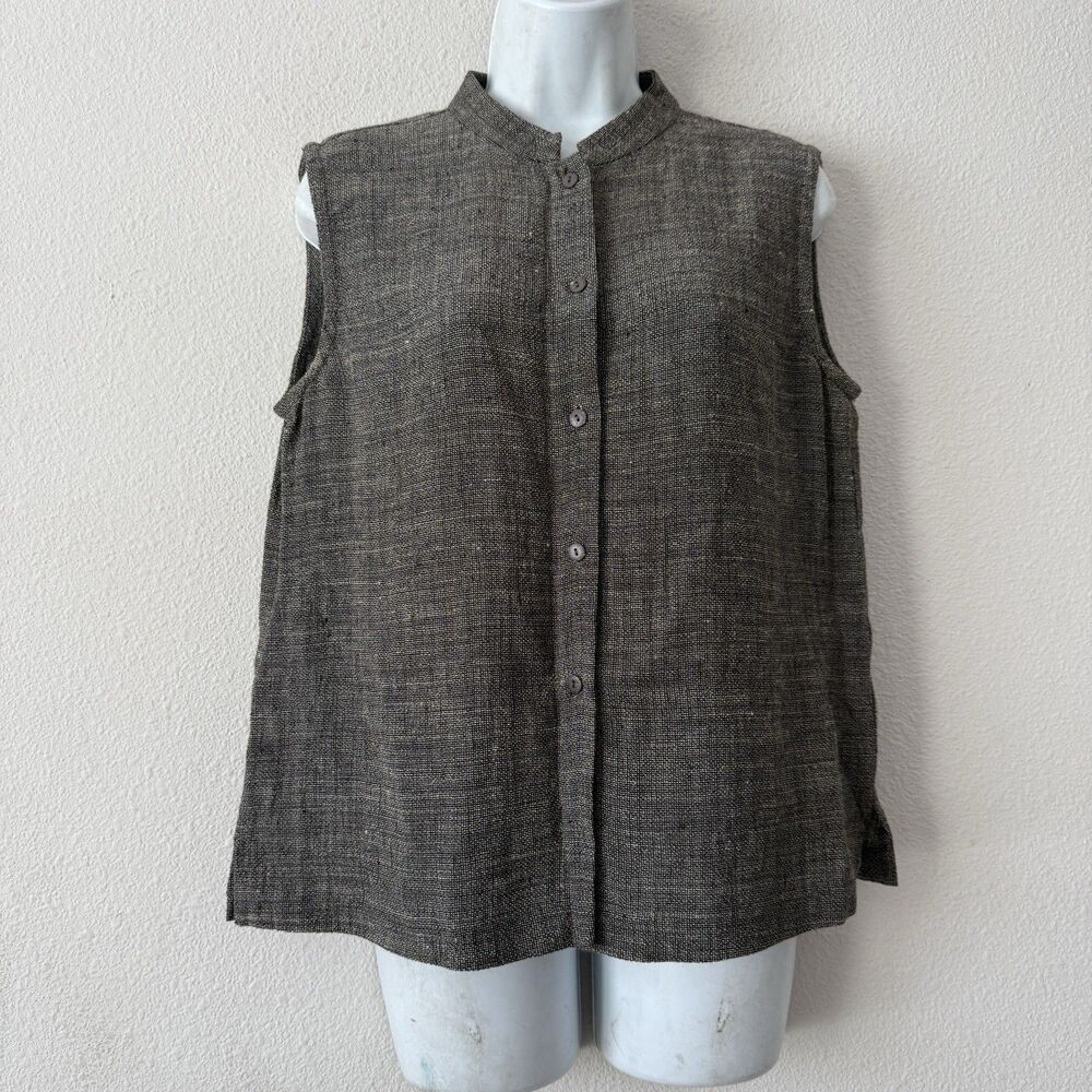 Eileen Fisher Linen Mandarin Collar Sleeveless Button Up Shirt Italian Fabric S
